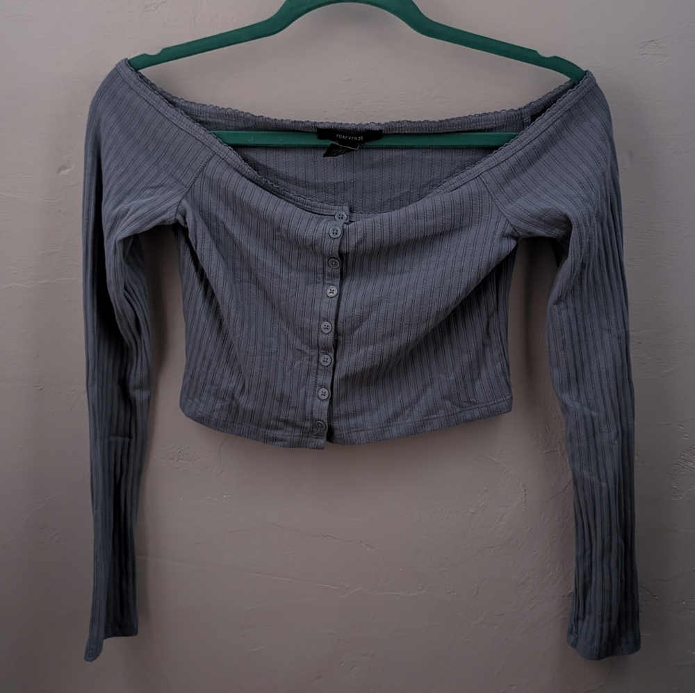 🍇 LAST CALL! F21 Blue Grey Ribbed Off-Shoulder Crop Top